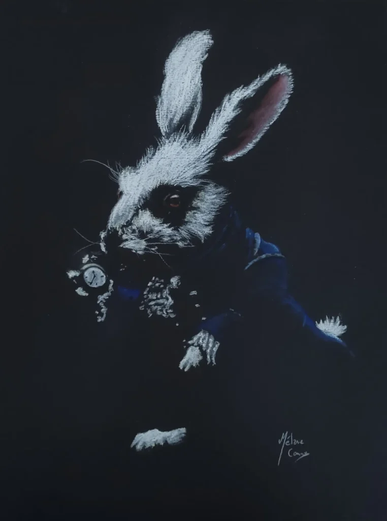 Portrait aux crayons pastels secs du lapin blanc d'Alice aux pays des merveilles