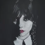 Portrait aux crayons pastels sec de Jenna Ortega dans le rôle de Mercredi Addams