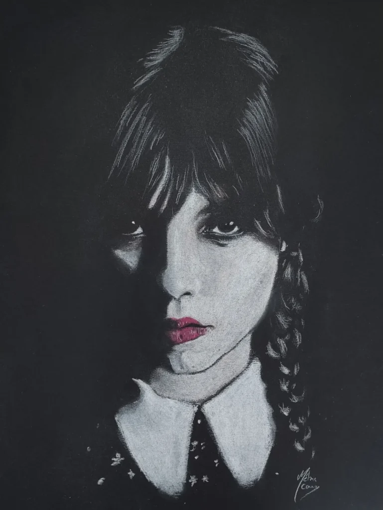 Portrait aux crayons pastels sec de Jenna Ortega dans le rôle de Mercredi Addams