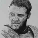 Portrait aux crayons graphites de Russell Crowe dans le rôle de Maximus du film Gladiator