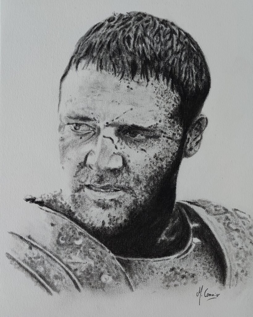Portrait aux crayons graphites de Russell Crowe dans le rôle de Maximus du film Gladiator