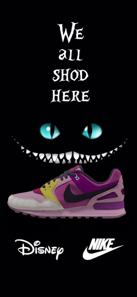 Affiche vente basket rose avec le chat d'Alice
